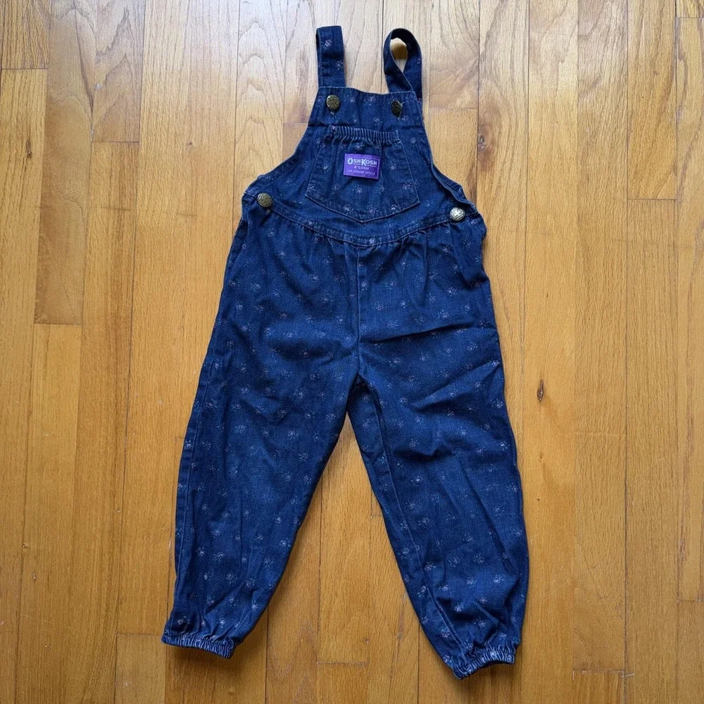 Vintage OshKosh‎ B'gosh Bib Overalls Girls 3T Blue Denim Floral Print USA Rare